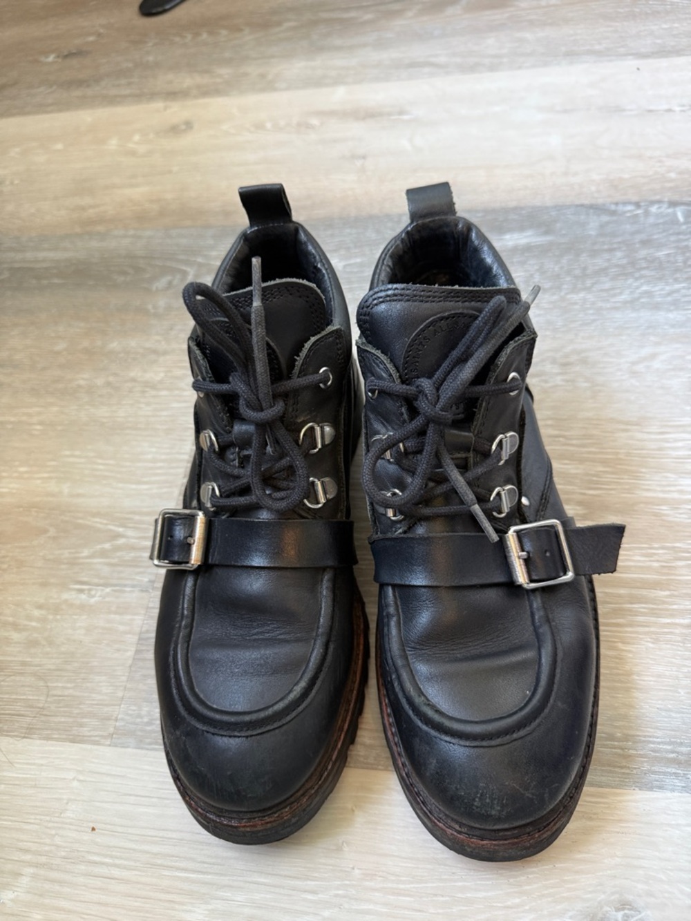 All Saints Black Yarrow Calf Leather Lace-Up Chunky Buckle Ankle Boots